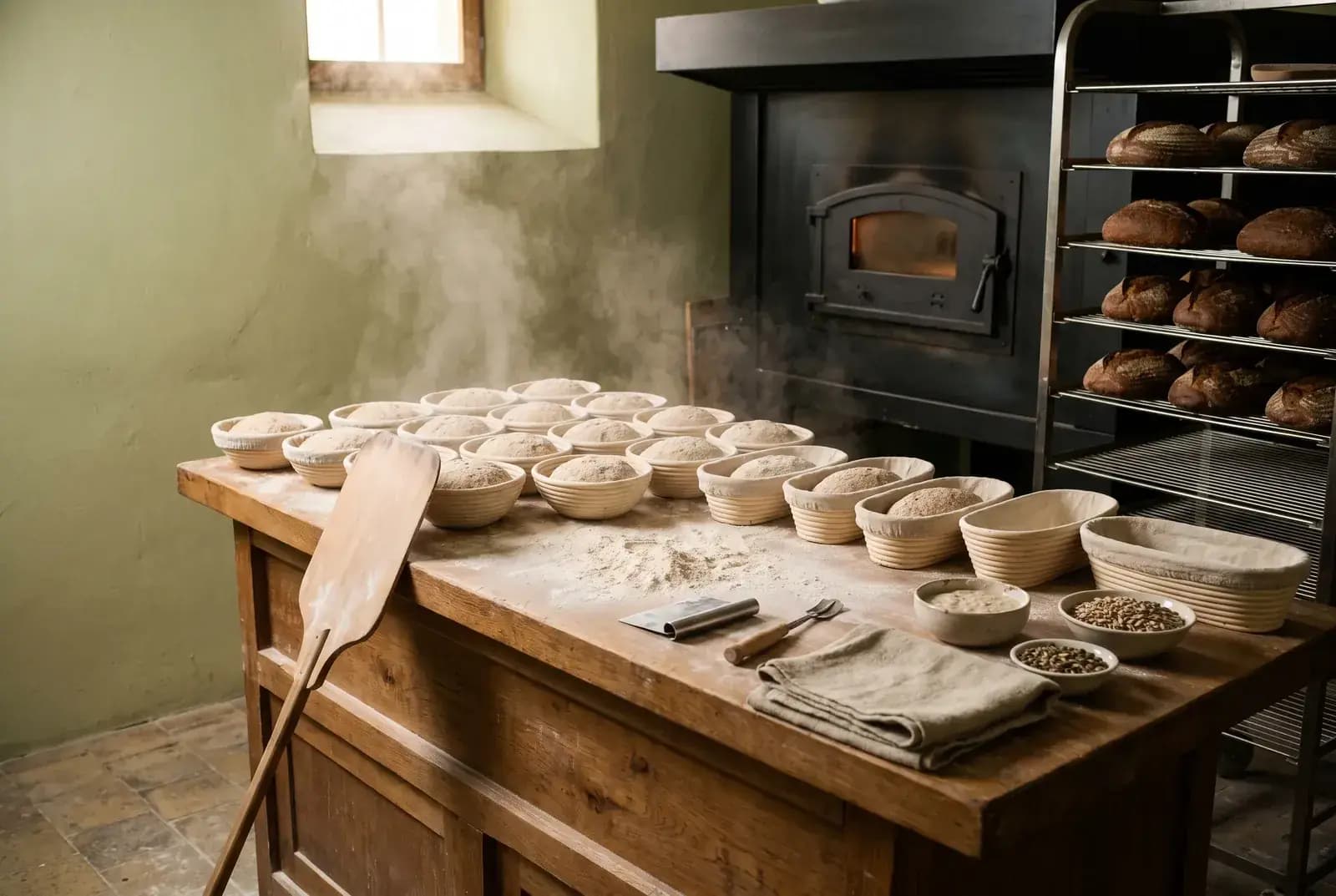 Symbolbild: eine Backstube — Teiglinge in Gärkörbchen auf einem bemehlten Holztisch, ein Holzschieber, Schüsseln mit Saaten, dahinter ein Ofen und ein Wagen mit ausgebackenen Broten.