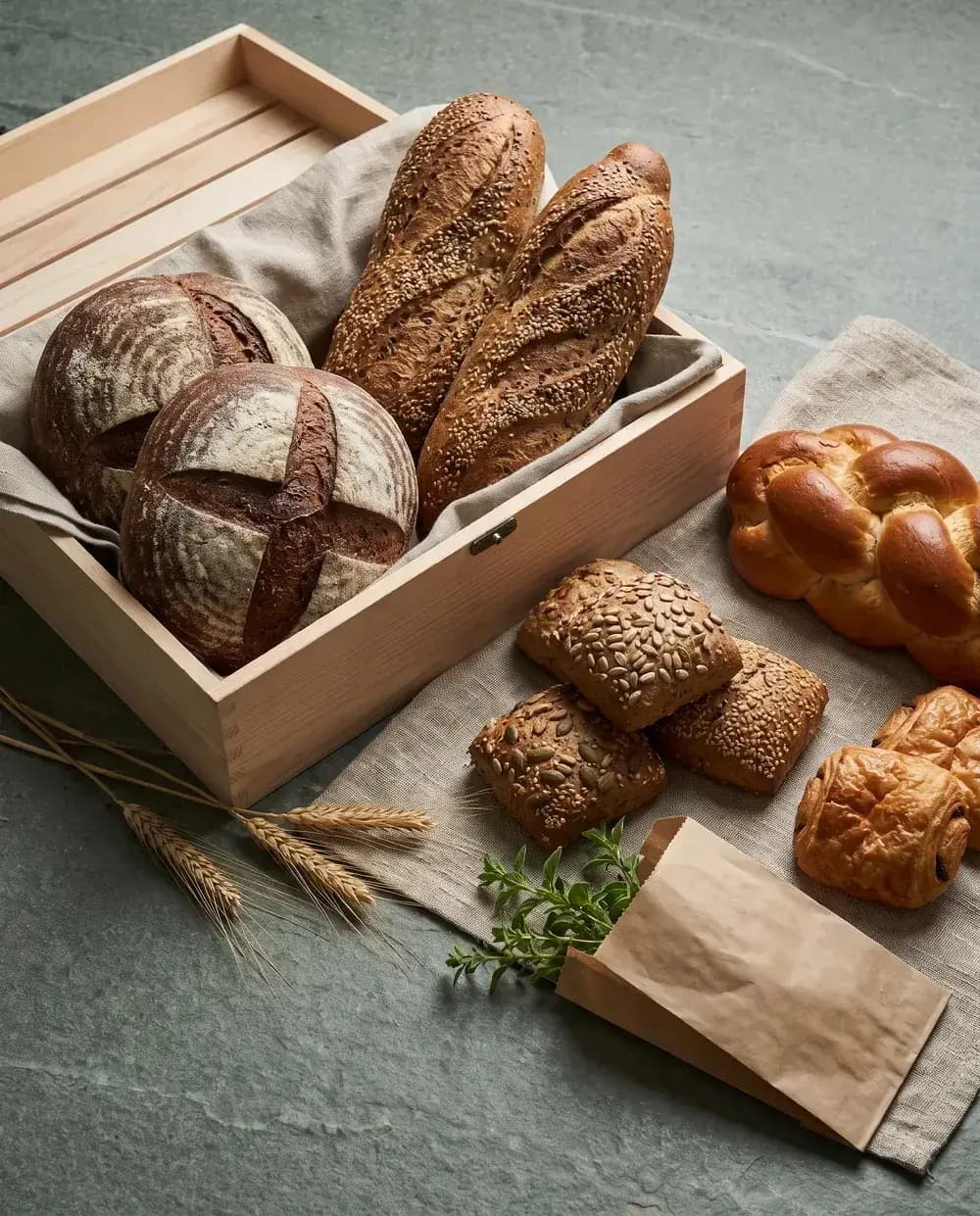 Symbolbild: eine Holzkiste mit Brotlaiben und Körnerbaguettes für die Auslieferung, daneben Körnerbrötchen, ein Hefezopf und ein Blechkuchenstück auf einem Leinentuch.