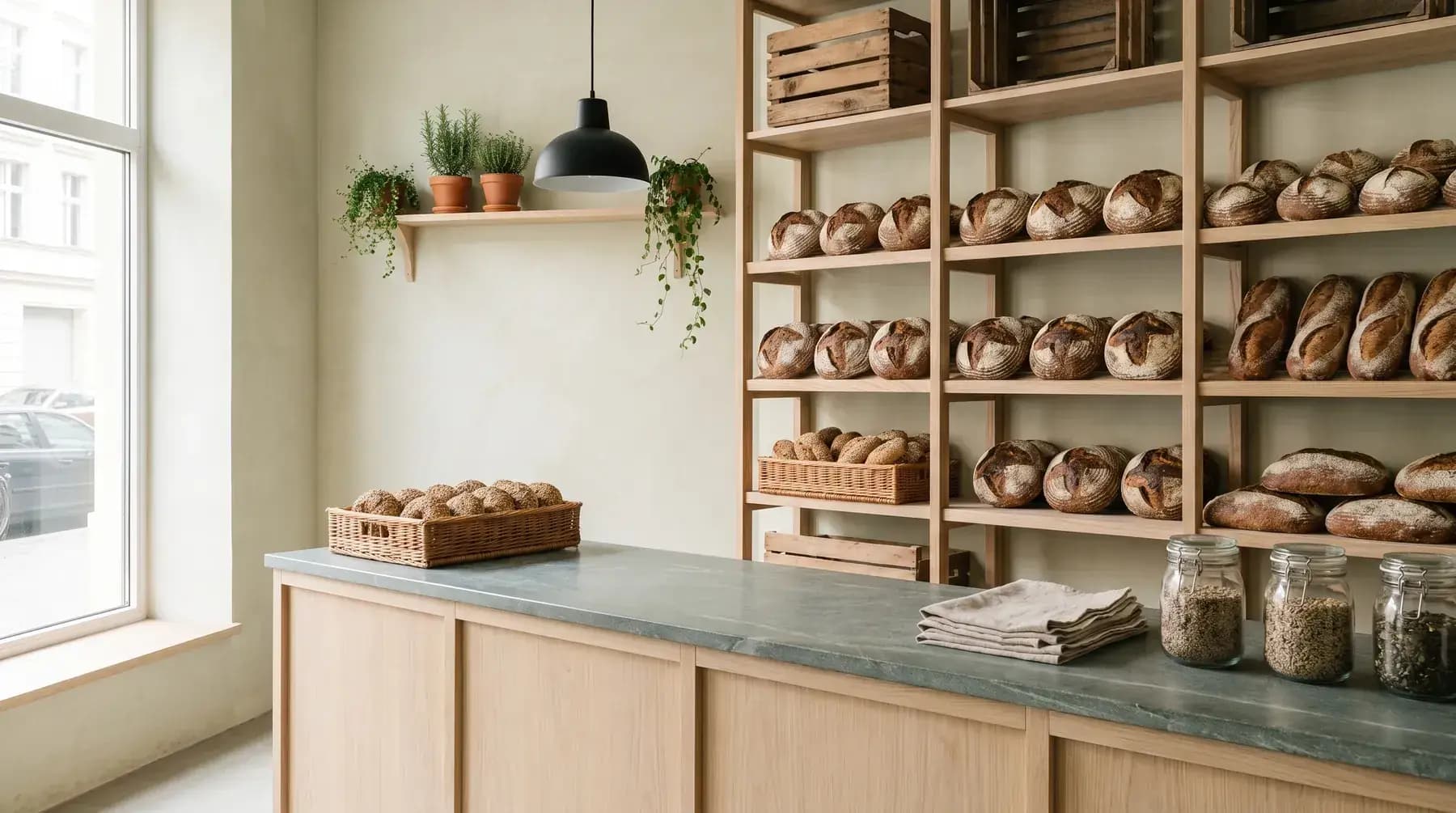 Symbolbild: der Verkaufsraum einer Bio-Bäckerei — helle Holzregale voller runder Brotlaibe und Körbe mit Körnerbrötchen, eine Theke aus Eiche mit grüngrauer Steinplatte, Kräuter in Tontöpfen am Fenster.
